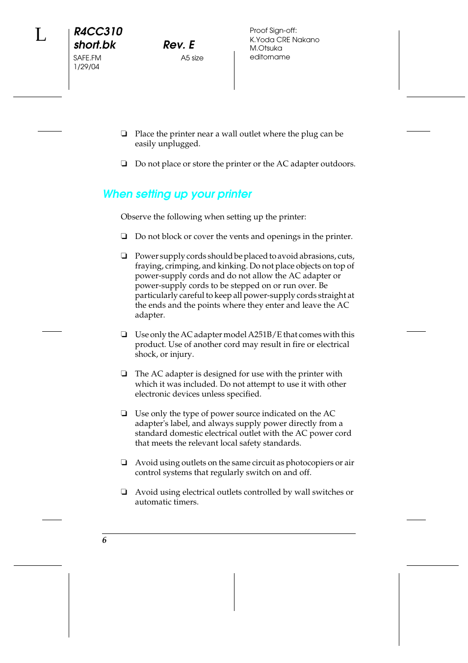 R4cc310 short.bk rev. e, When setting up your printer | Epson A251B User Manual | Page 6 / 86