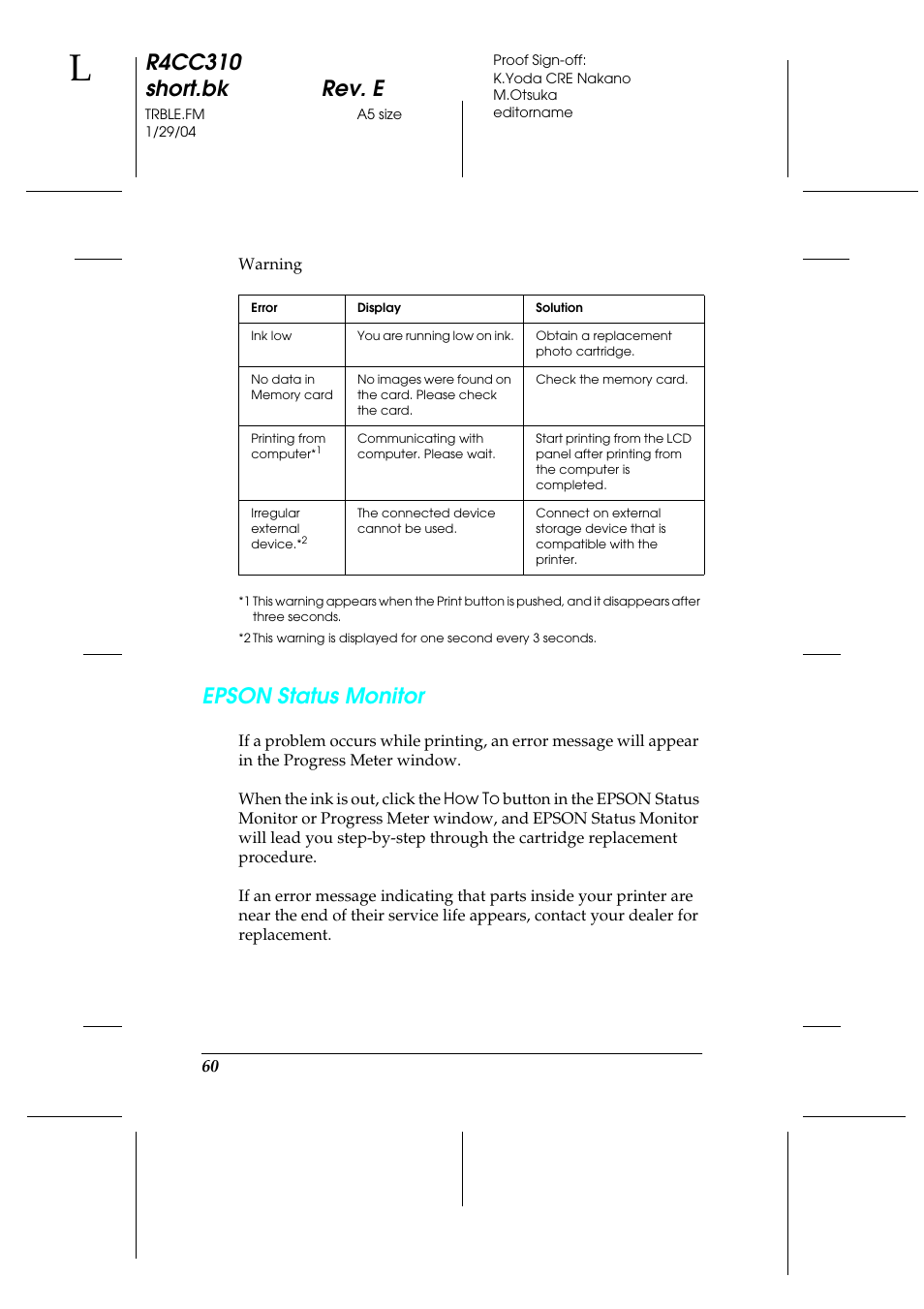 R4cc310 short.bk rev. e, Epson status monitor | Epson A251B User Manual | Page 60 / 86