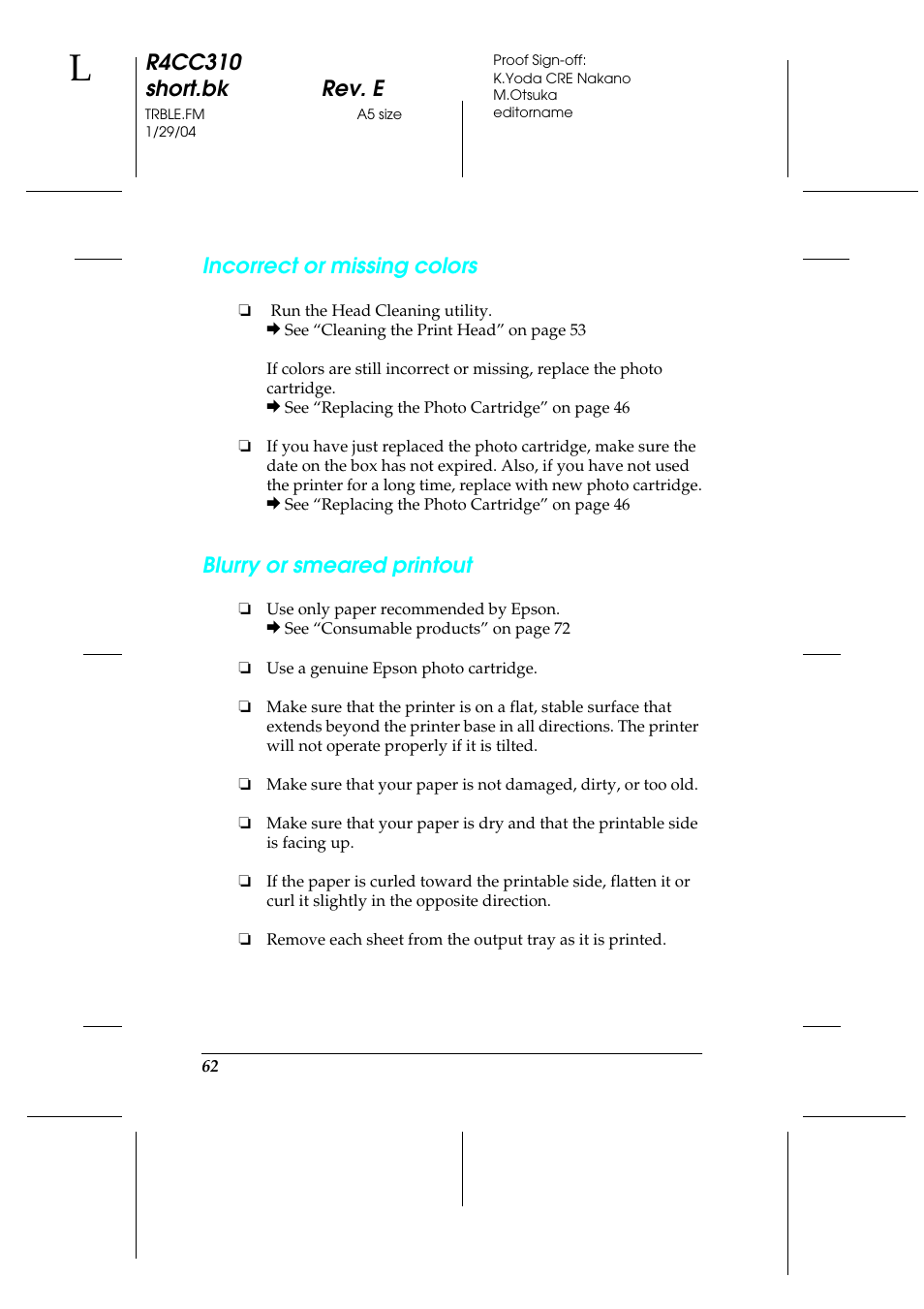 R4cc310 short.bk rev. e, Incorrect or missing colors, Blurry or smeared printout | Epson A251B User Manual | Page 62 / 86