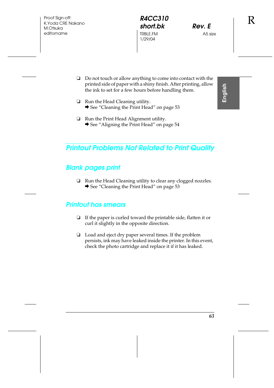 Printout problems not related to print quality, R4cc310 short.bk rev. e, Blank pages print | Printout has smears | Epson A251B User Manual | Page 63 / 86