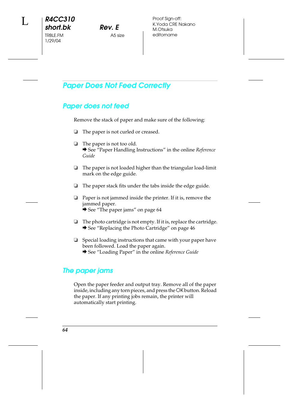 Paper does not feed correctly, R4cc310 short.bk rev. e, Paper does not feed | The paper jams | Epson A251B User Manual | Page 64 / 86