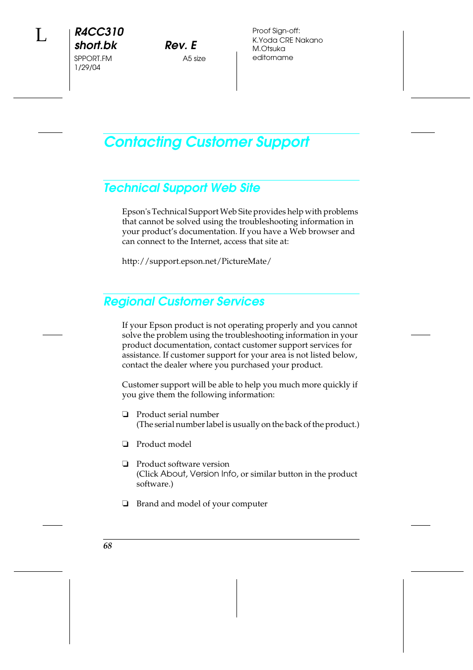 Contacting customer support, Technical support web site, Regional customer services | Epson A251B User Manual | Page 68 / 86