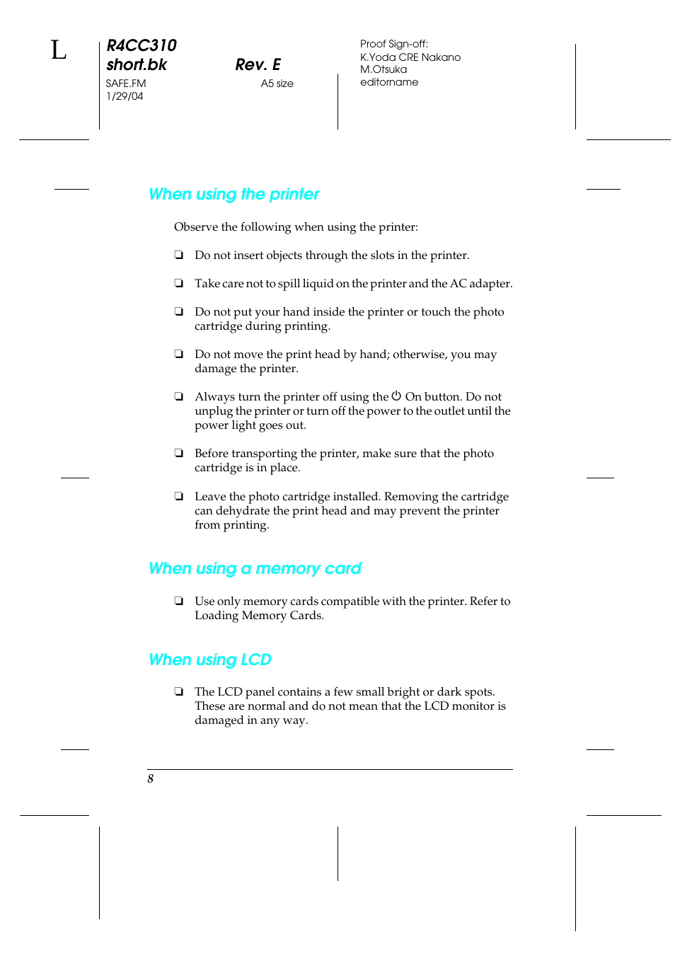 R4cc310 short.bk rev. e, When using the printer, When using lcd | Epson A251B User Manual | Page 8 / 86