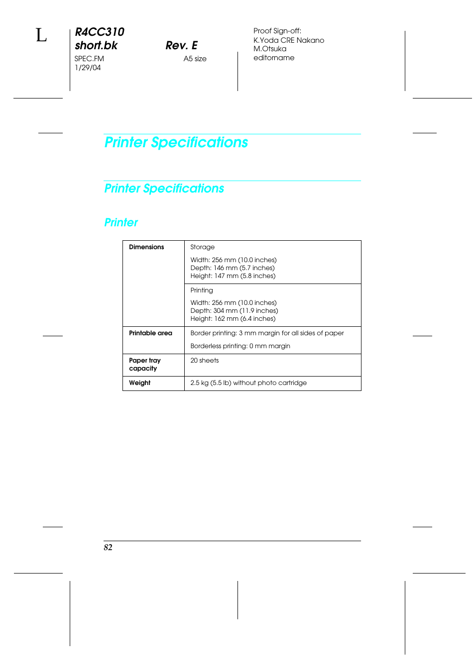 Printer specifications, R4cc310 short.bk rev. e, Printer | Epson A251B User Manual | Page 82 / 86