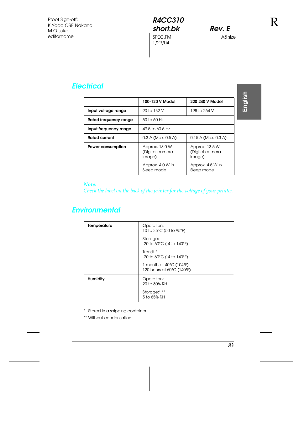 R4cc310 short.bk rev. e, Electrical, Environmental | English | Epson A251B User Manual | Page 83 / 86