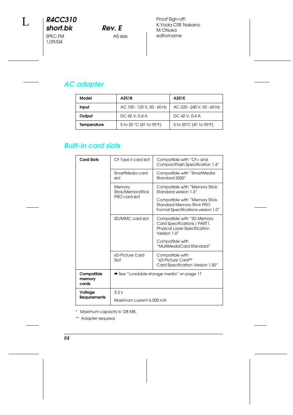 R4cc310 short.bk rev. e, Ac adapter built-in card slots | Epson A251B User Manual | Page 84 / 86