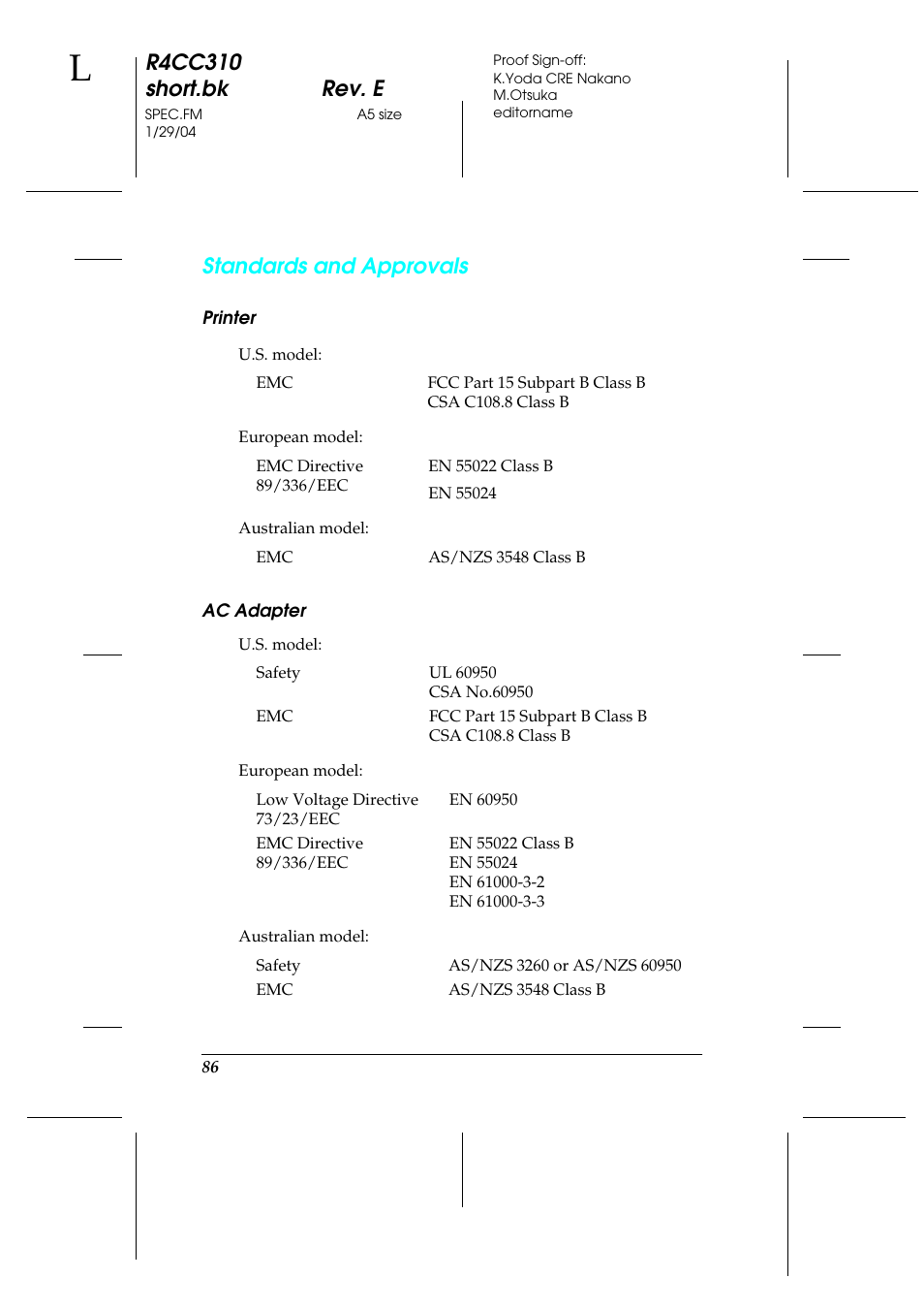 R4cc310 short.bk rev. e, Standards and approvals | Epson A251B User Manual | Page 86 / 86