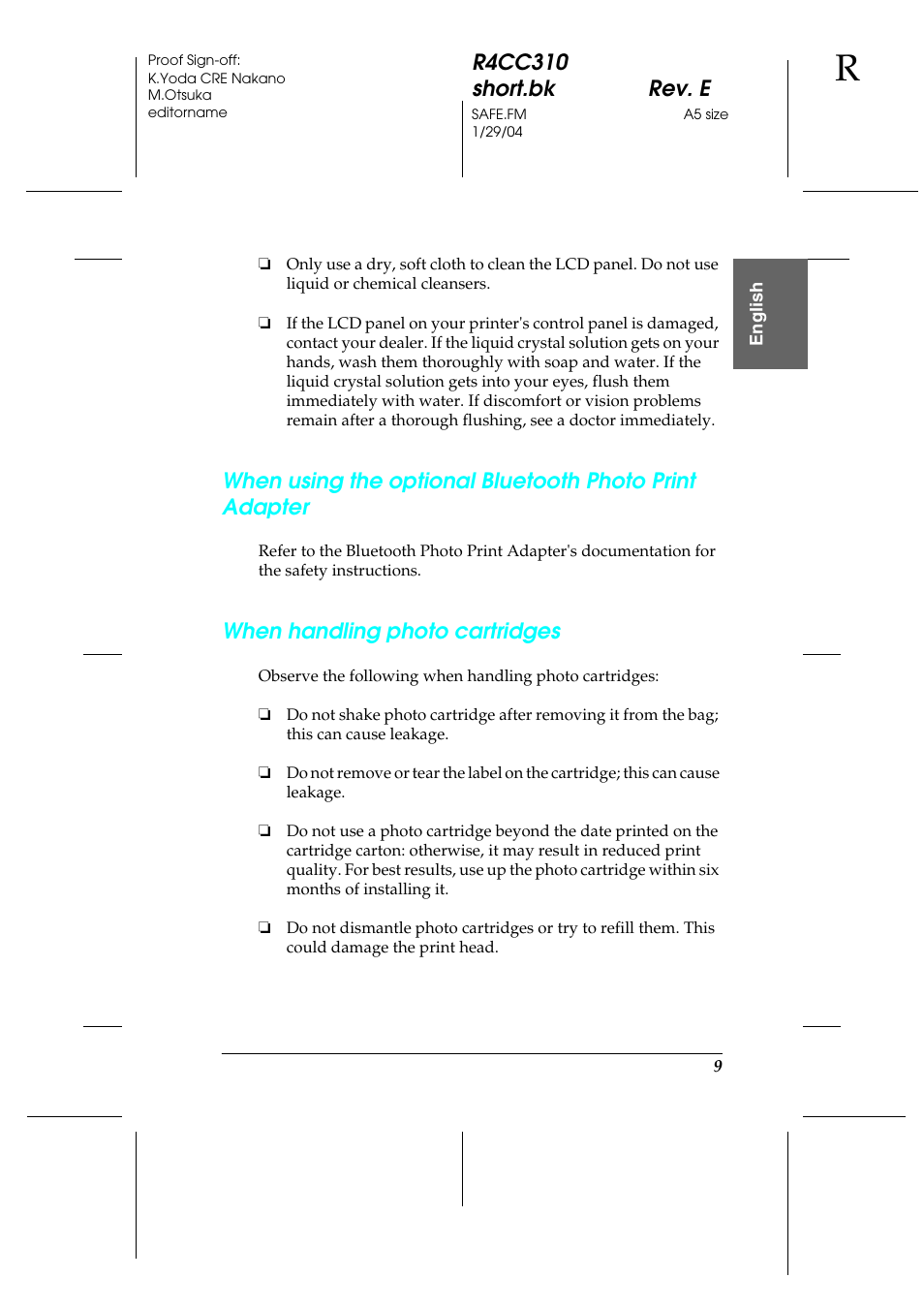 R4cc310 short.bk rev. e, When handling photo cartridges | Epson A251B User Manual | Page 9 / 86