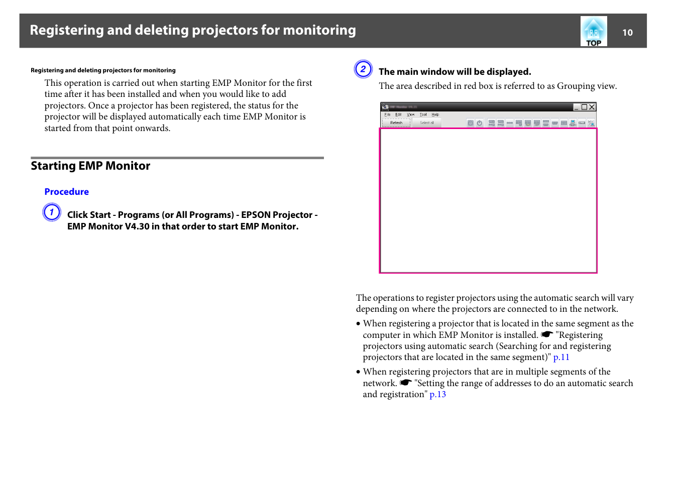 Registering and deleting projectors for monitoring, Starting emp monitor | Epson EMP MONITOR OPERATION V4.30 User Manual | Page 10 / 42