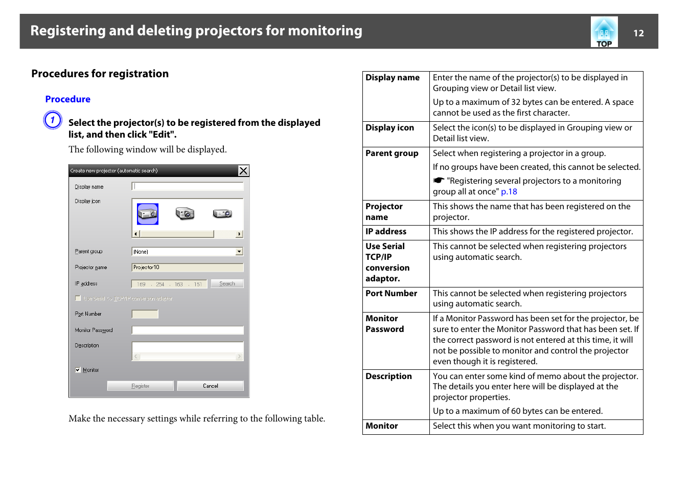 Procedures for registration, Registering and deleting projectors for monitoring | Epson EMP MONITOR OPERATION V4.30 User Manual | Page 12 / 42