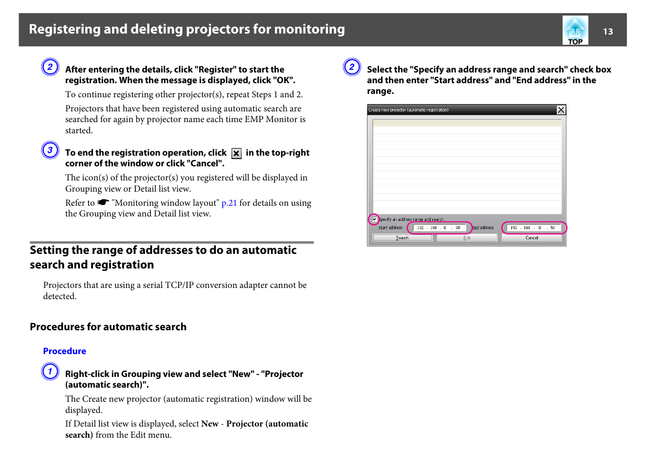 Procedures for automatic search, P.13, Registering and deleting projectors for monitoring | Epson EMP MONITOR OPERATION V4.30 User Manual | Page 13 / 42