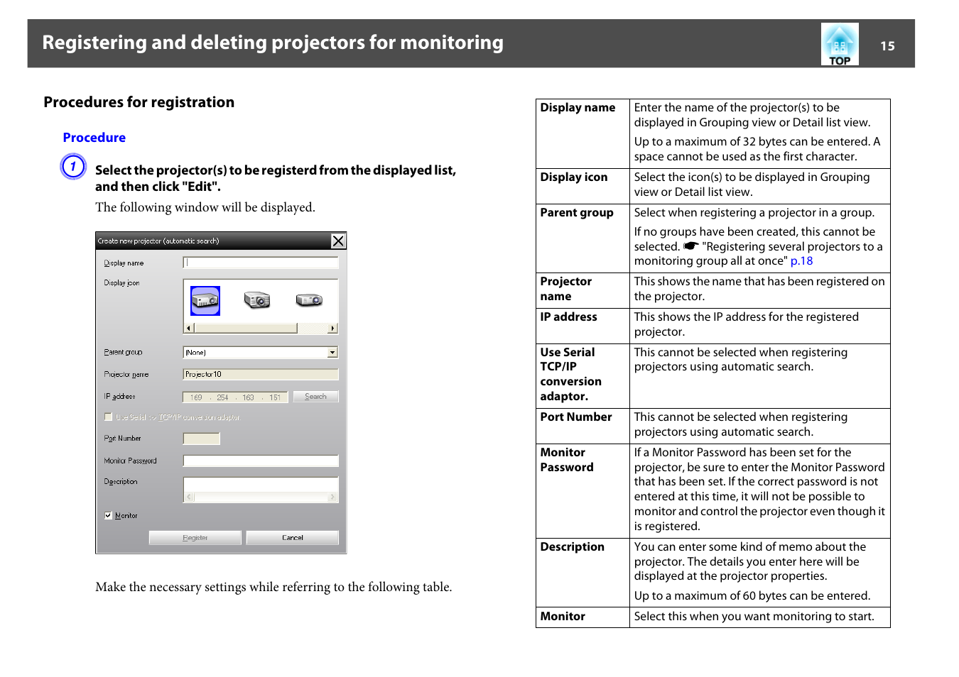 Procedures for registration, Registering and deleting projectors for monitoring | Epson EMP MONITOR OPERATION V4.30 User Manual | Page 15 / 42