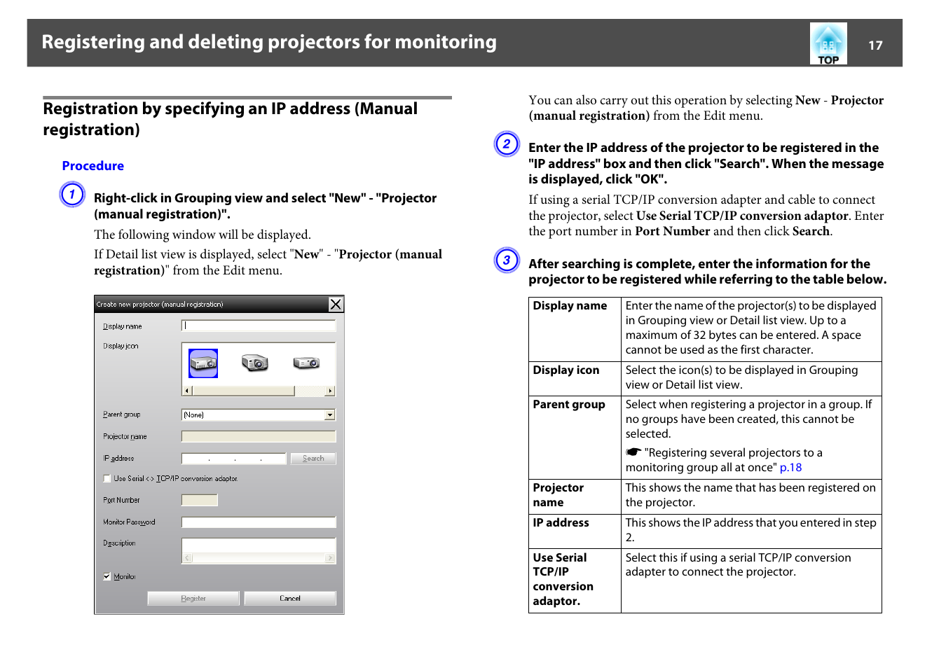 Registering and deleting projectors for monitoring | Epson EMP MONITOR OPERATION V4.30 User Manual | Page 17 / 42