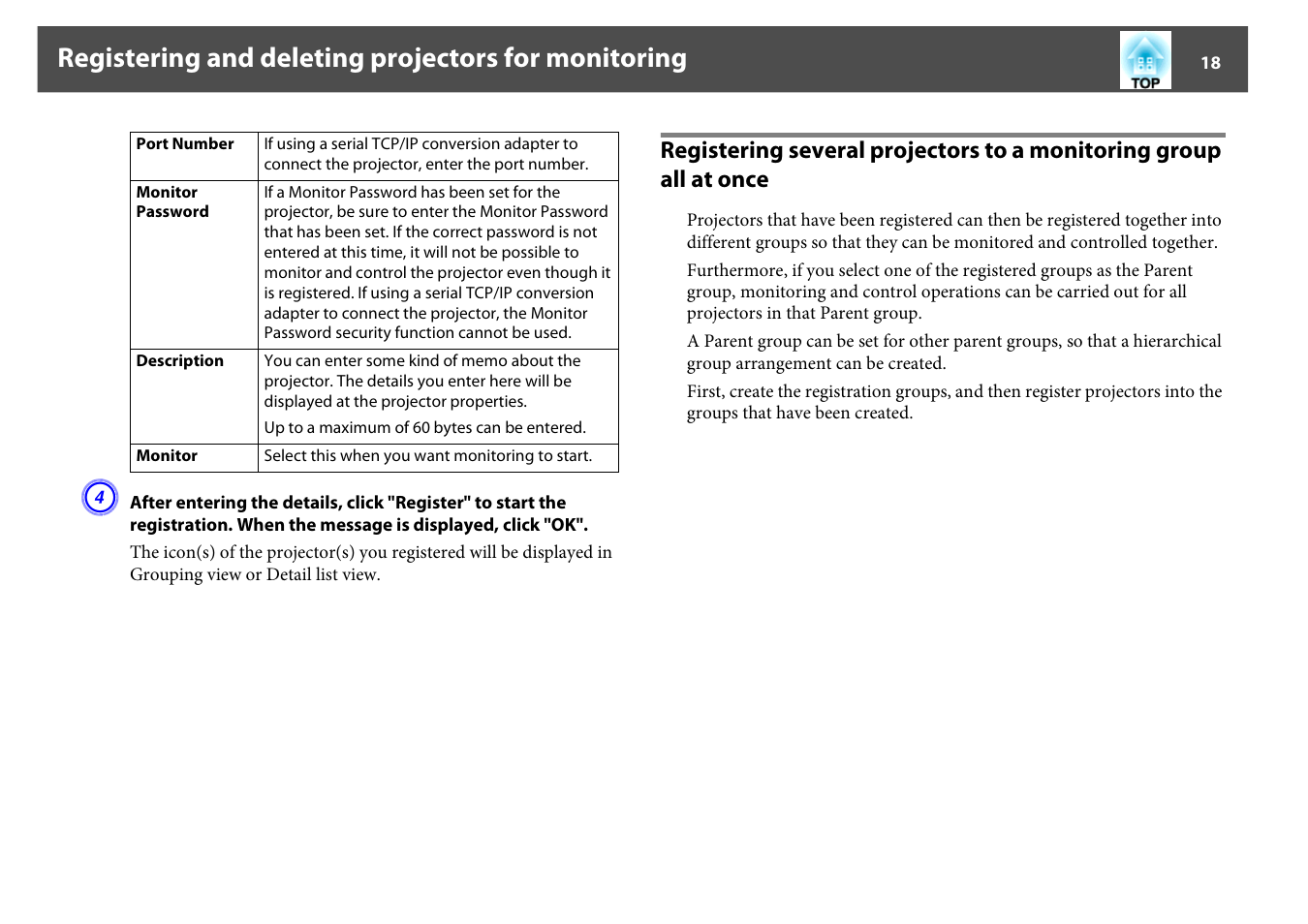 Registering and deleting projectors for monitoring | Epson EMP MONITOR OPERATION V4.30 User Manual | Page 18 / 42