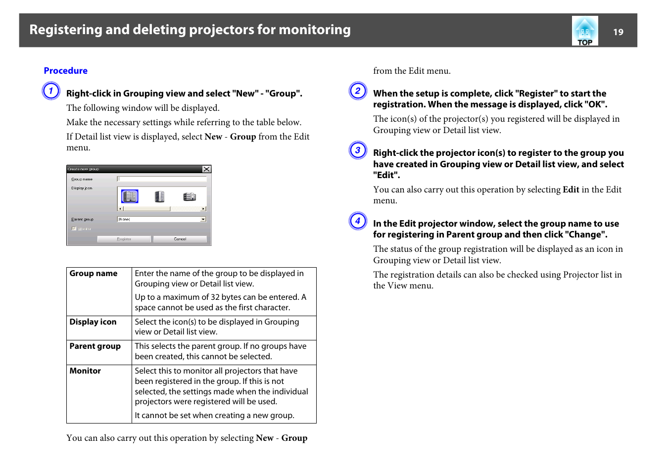 Registering and deleting projectors for monitoring | Epson EMP MONITOR OPERATION V4.30 User Manual | Page 19 / 42