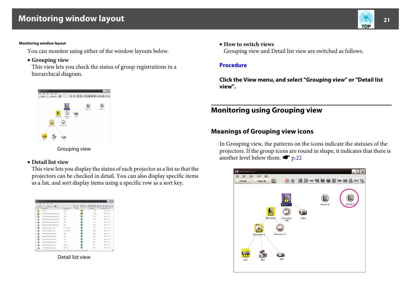Monitoring window layout, Monitoring using grouping view, Meanings of grouping view icons | Epson EMP MONITOR OPERATION V4.30 User Manual | Page 21 / 42