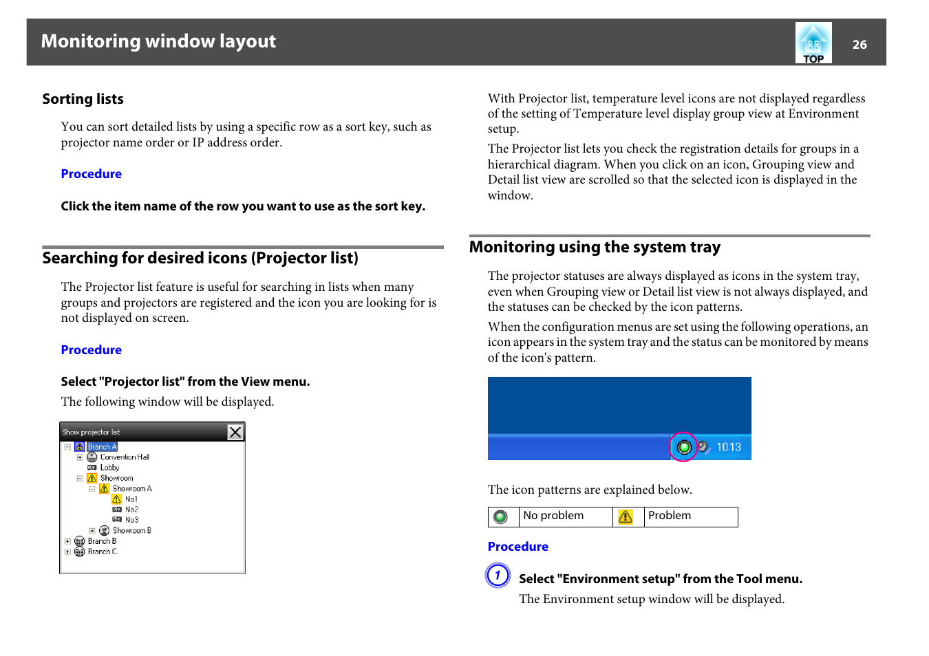 Searching for desired icons (projector list), Monitoring using the system tray, Sorting lists | Monitoring window layout | Epson EMP MONITOR OPERATION V4.30 User Manual | Page 26 / 42