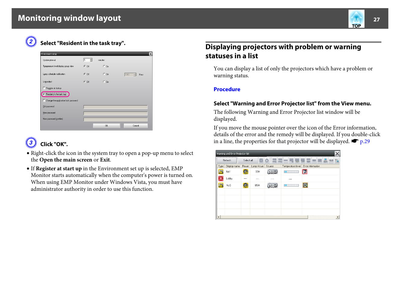 P.27, Monitoring window layout | Epson EMP MONITOR OPERATION V4.30 User Manual | Page 27 / 42