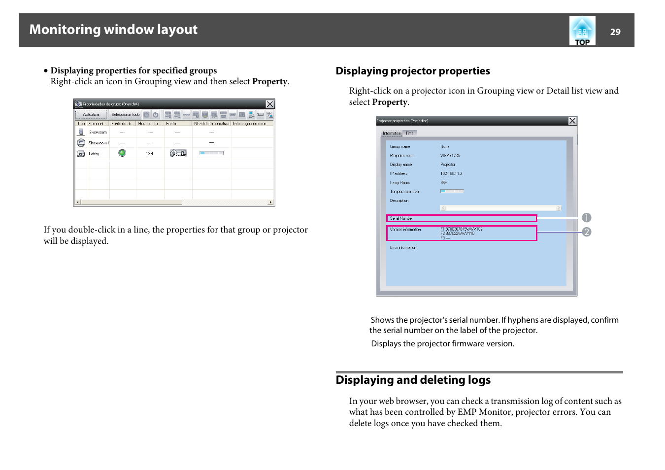 Displaying and deleting logs, Displaying projector properties, Monitoring window layout | Epson EMP MONITOR OPERATION V4.30 User Manual | Page 29 / 42