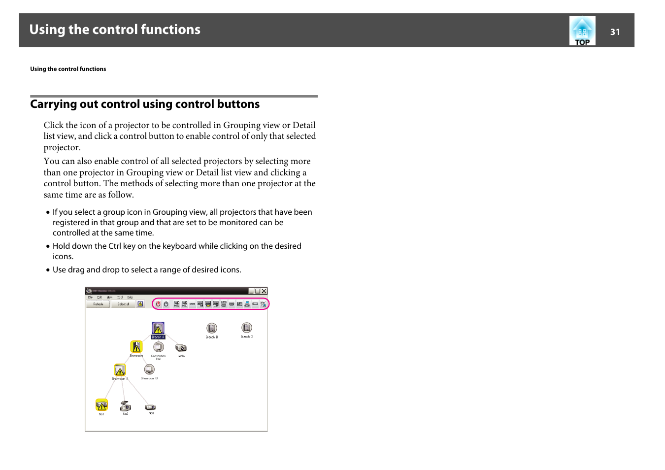 Using the control functions, Carrying out control using control buttons | Epson EMP MONITOR OPERATION V4.30 User Manual | Page 31 / 42
