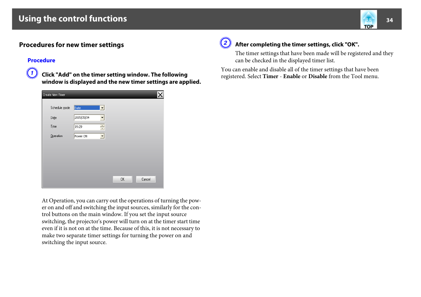 Procedures for new timer settings, P.34, Using the control functions | Epson EMP MONITOR OPERATION V4.30 User Manual | Page 34 / 42