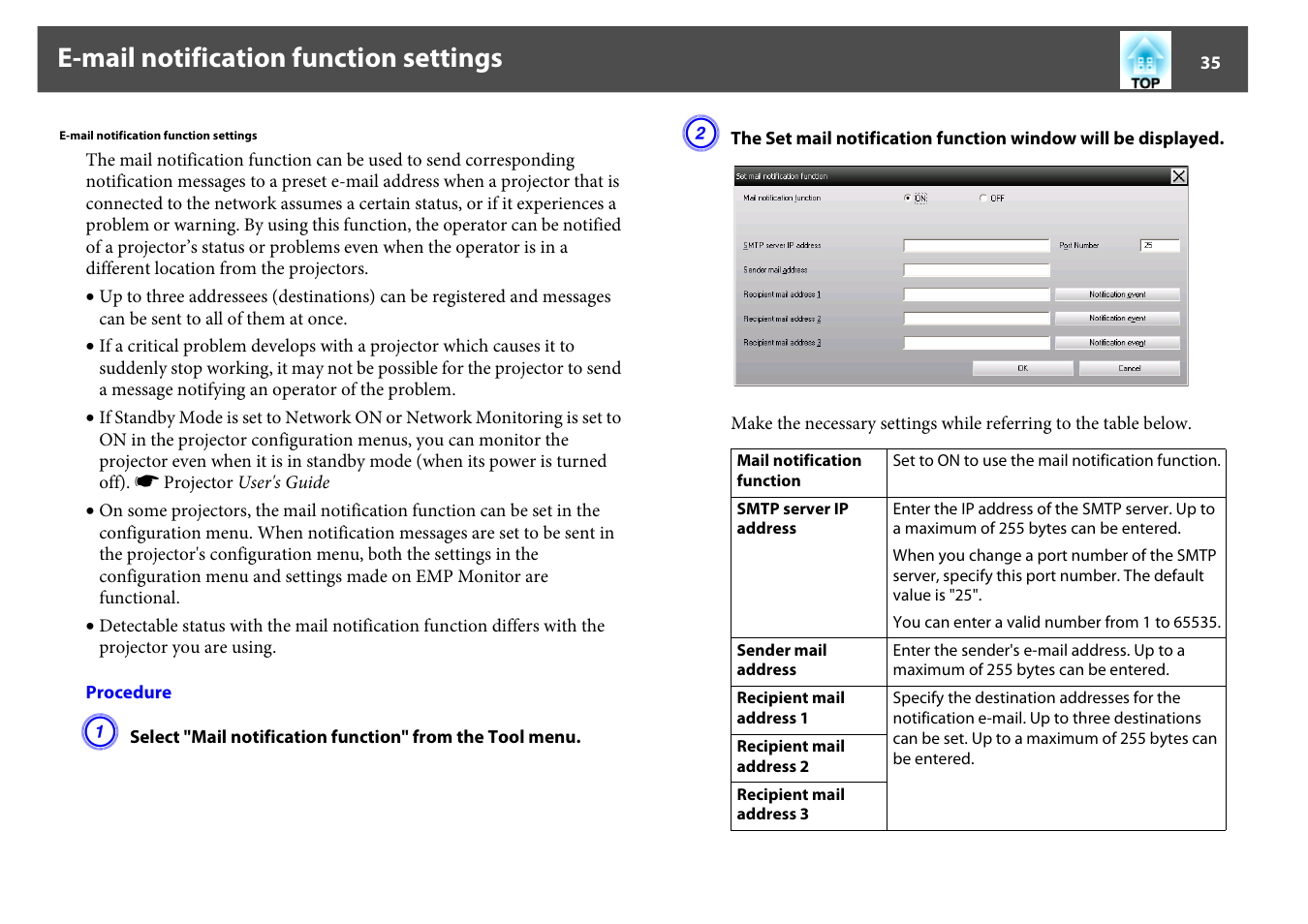 E-mail notification function settings | Epson EMP MONITOR OPERATION V4.30 User Manual | Page 35 / 42