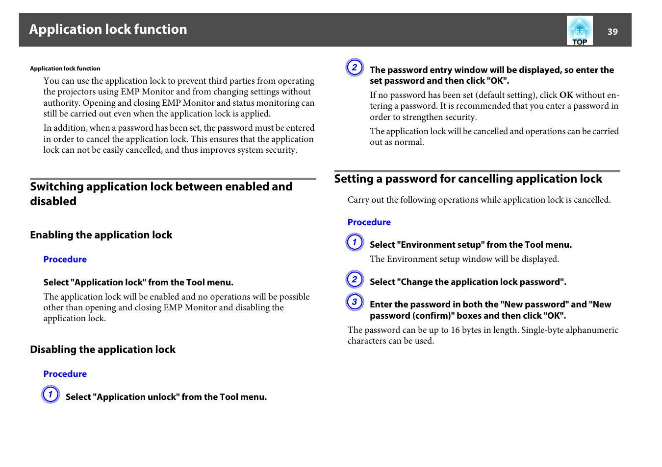 Application lock function, Setting a password for cancelling application lock | Epson EMP MONITOR OPERATION V4.30 User Manual | Page 39 / 42