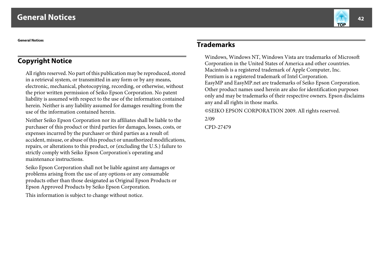 General notices, Copyright notice, Trademarks | Copyright notice trademarks | Epson EMP MONITOR OPERATION V4.30 User Manual | Page 42 / 42