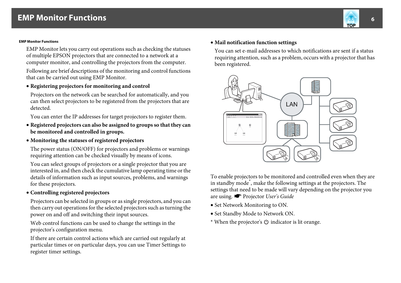 Emp monitor functions | Epson EMP MONITOR OPERATION V4.30 User Manual | Page 6 / 42