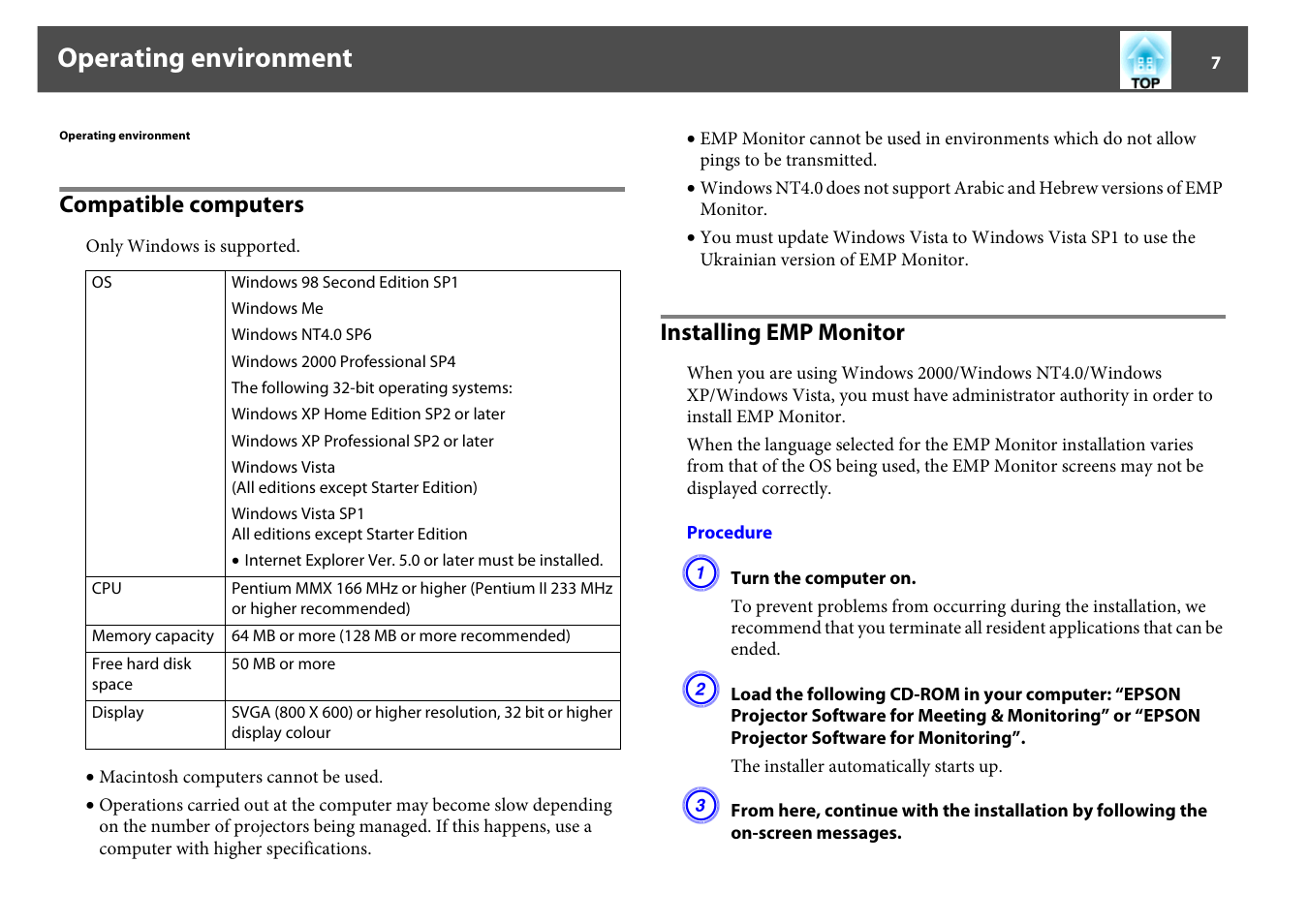 Operating environment, Compatible computers, Installing emp monitor | Compatible computers installing emp monitor | Epson EMP MONITOR OPERATION V4.30 User Manual | Page 7 / 42
