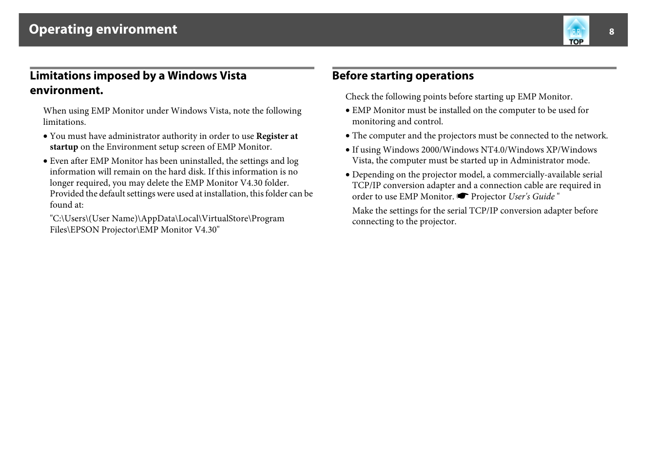 Limitations imposed by a windows vista environment, Before starting operations, Operating environment | Epson EMP MONITOR OPERATION V4.30 User Manual | Page 8 / 42