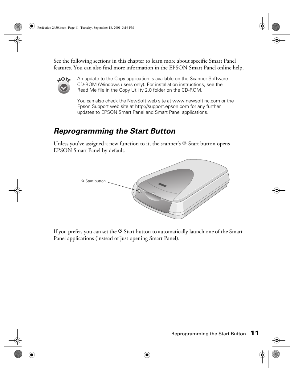 Reprogramming the start button | Epson Prefection 2450 User Manual | Page 15 / 58