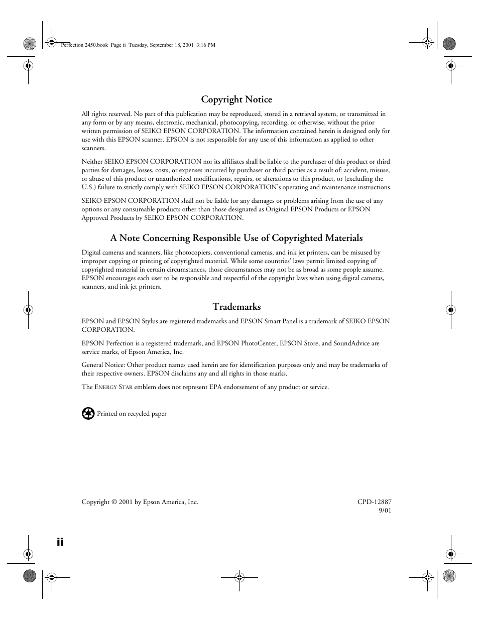 Copyright notice, Trademarks | Epson Prefection 2450 User Manual | Page 2 / 58