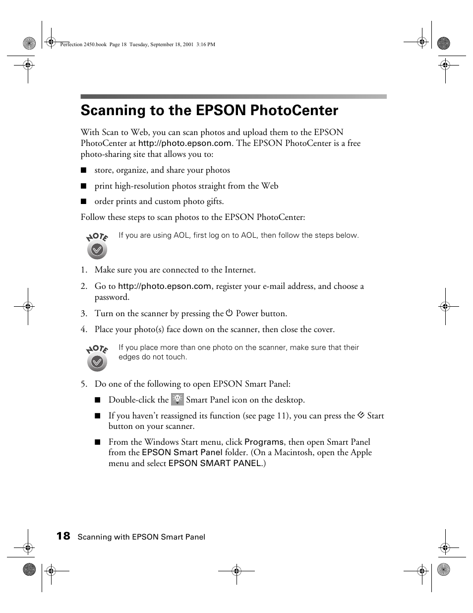 Scanning to the epson photocenter | Epson Prefection 2450 User Manual | Page 22 / 58