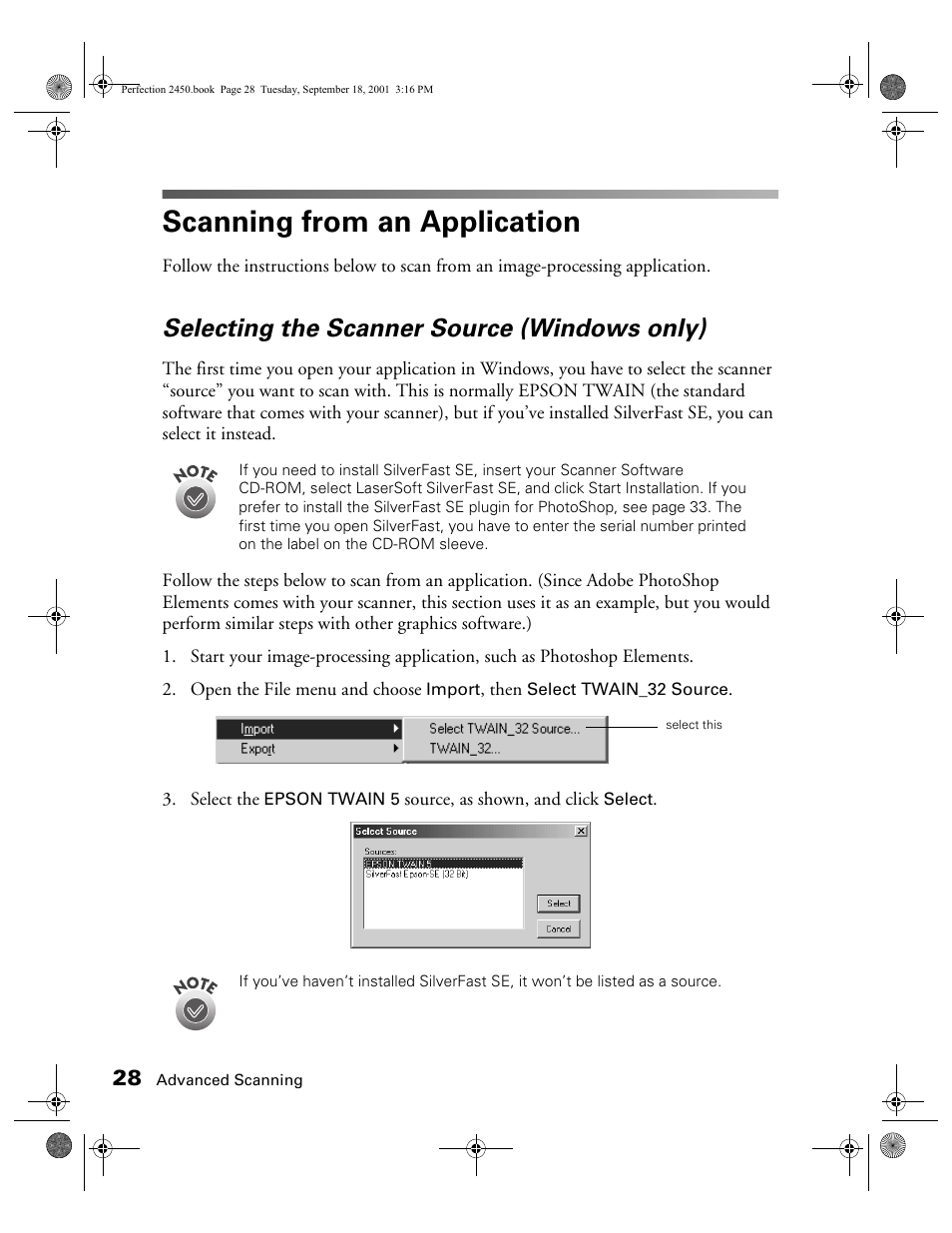 Scanning from an application, Selecting the scanner source (windows only) | Epson Prefection 2450 User Manual | Page 32 / 58