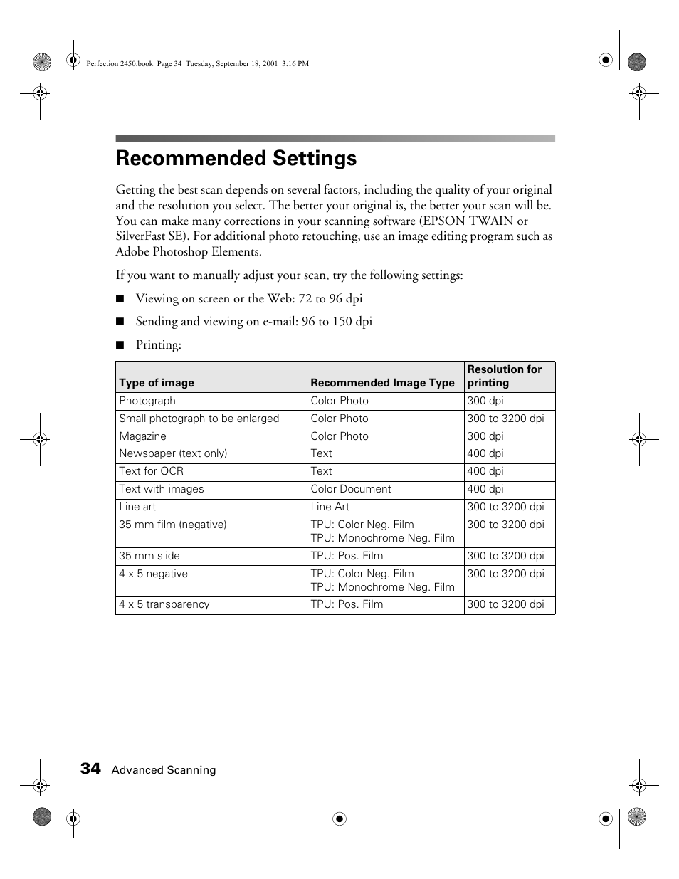 Recommended settings | Epson Prefection 2450 User Manual | Page 38 / 58