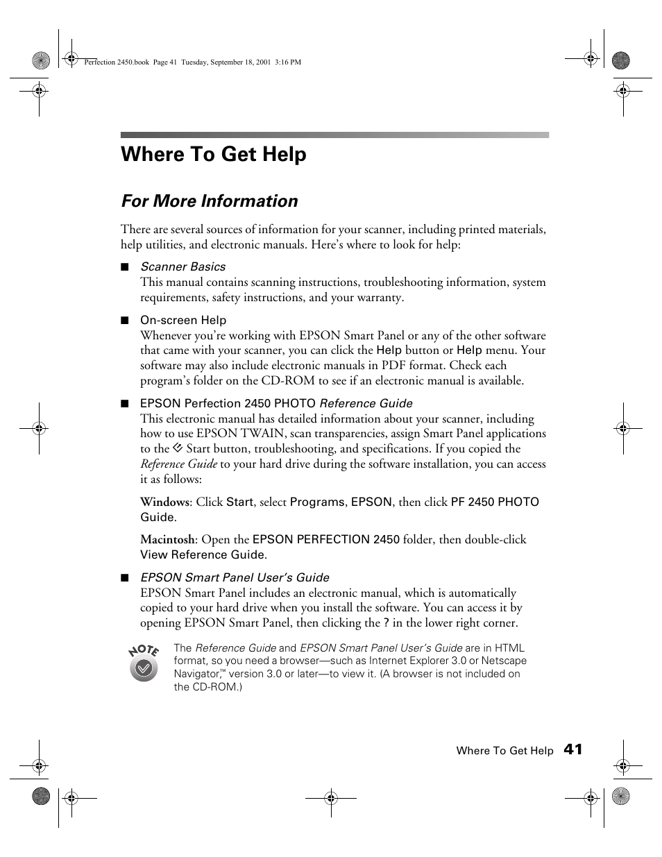 Where to get help, For more information | Epson Prefection 2450 User Manual | Page 45 / 58