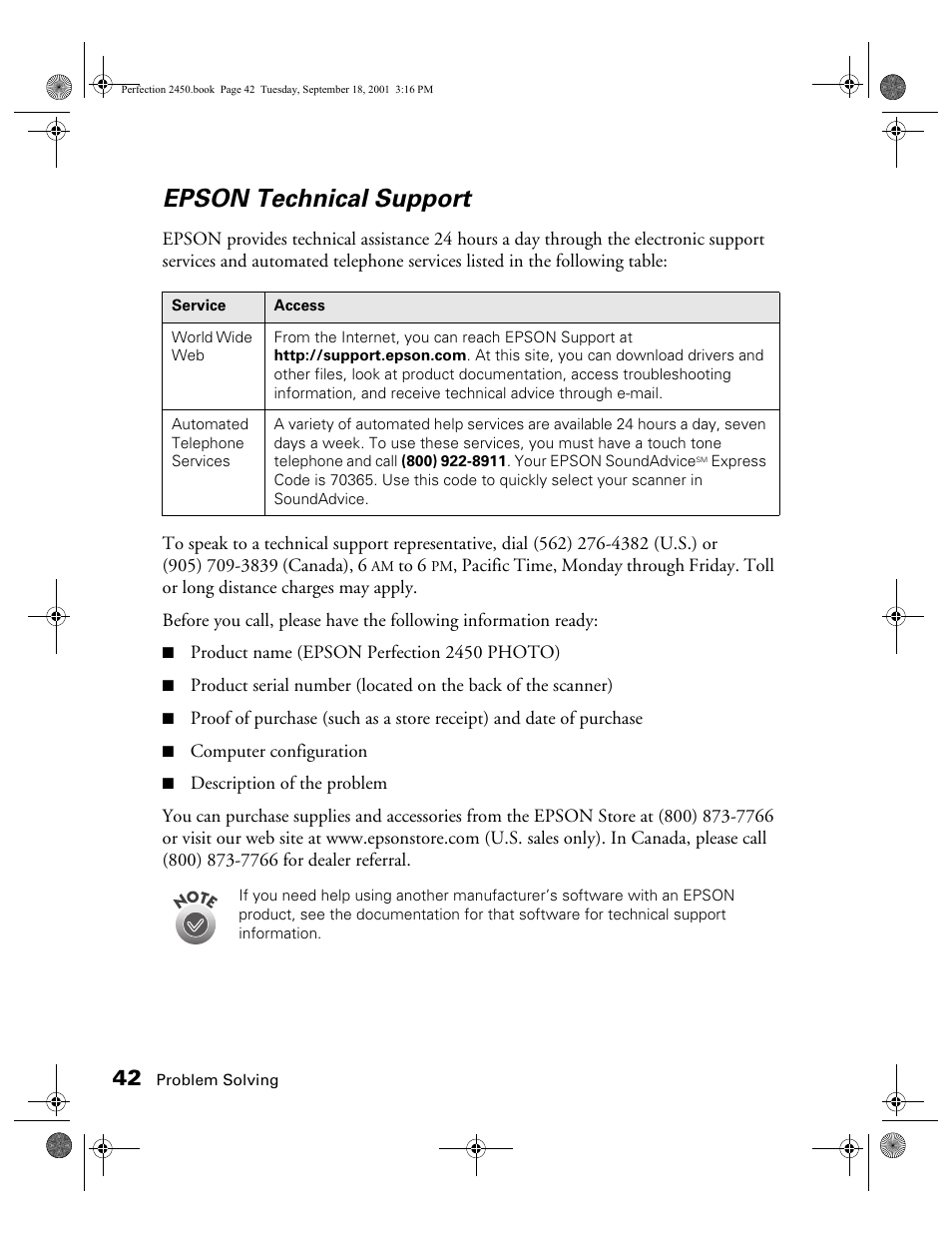 Epson technical support | Epson Prefection 2450 User Manual | Page 46 / 58