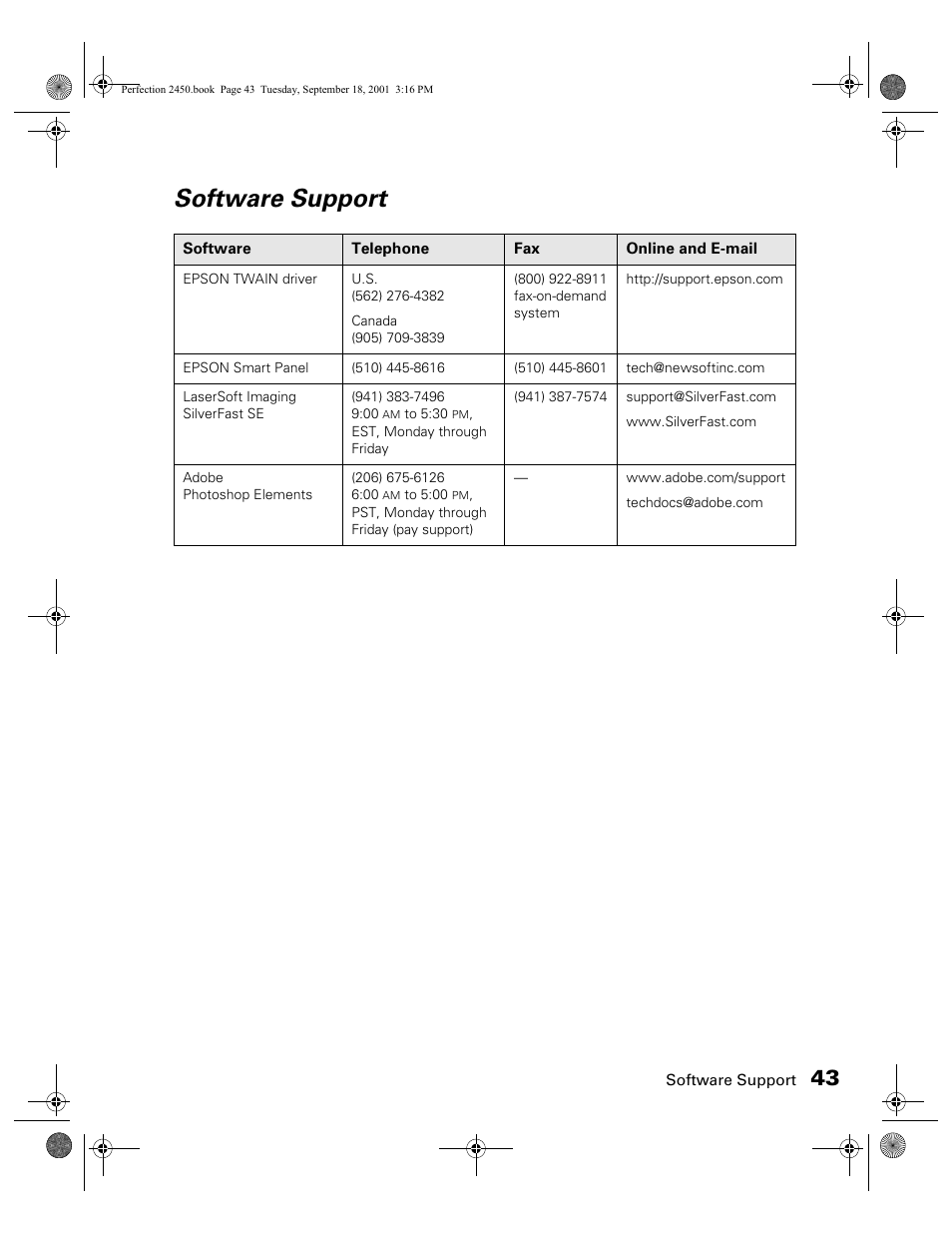 Software support | Epson Prefection 2450 User Manual | Page 47 / 58