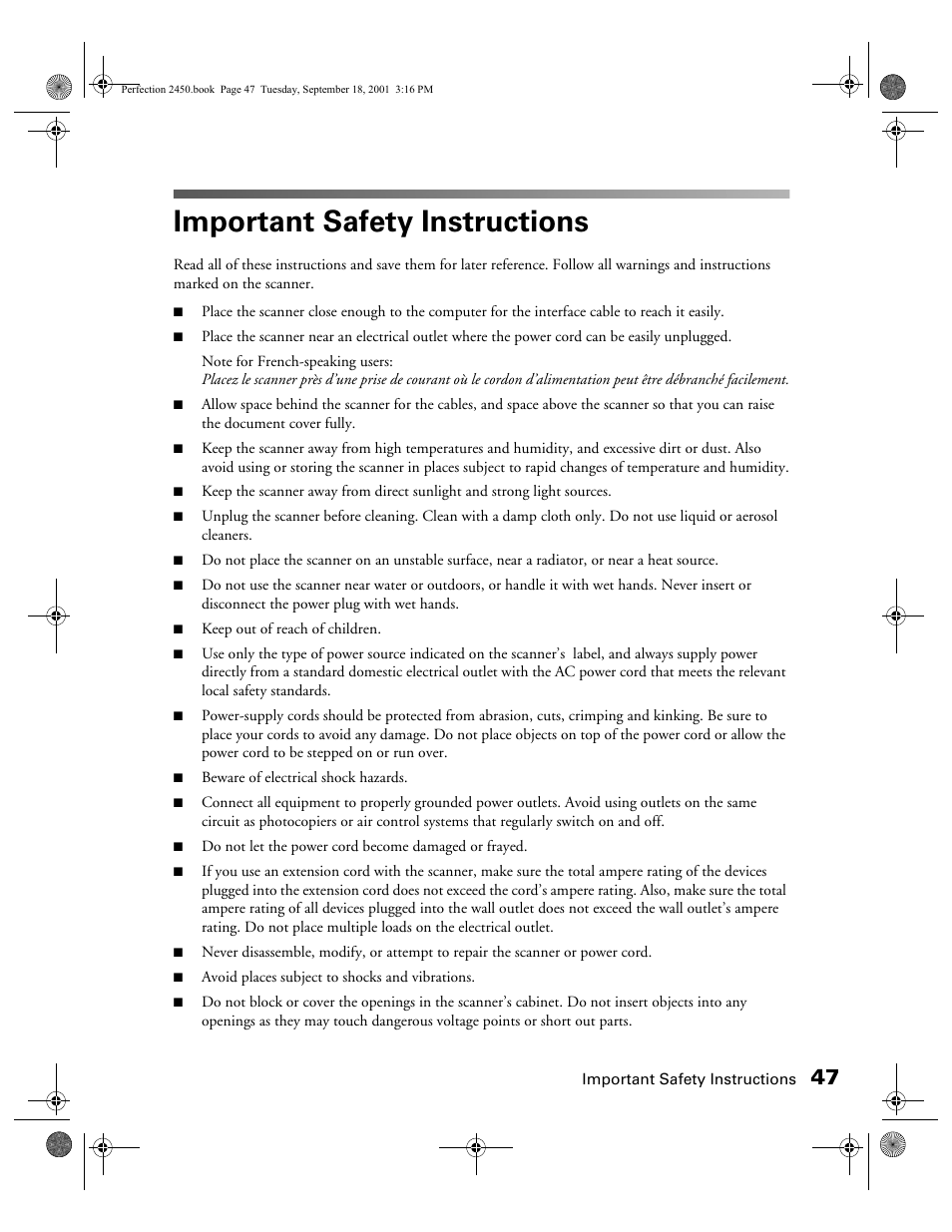Important safety instructions | Epson Prefection 2450 User Manual | Page 51 / 58