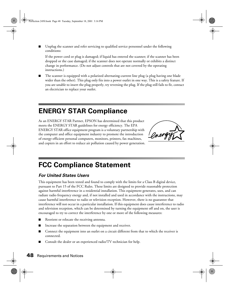 Energy star compliance, Fcc compliance statement, Compliance | Nergy | Epson Prefection 2450 User Manual | Page 52 / 58