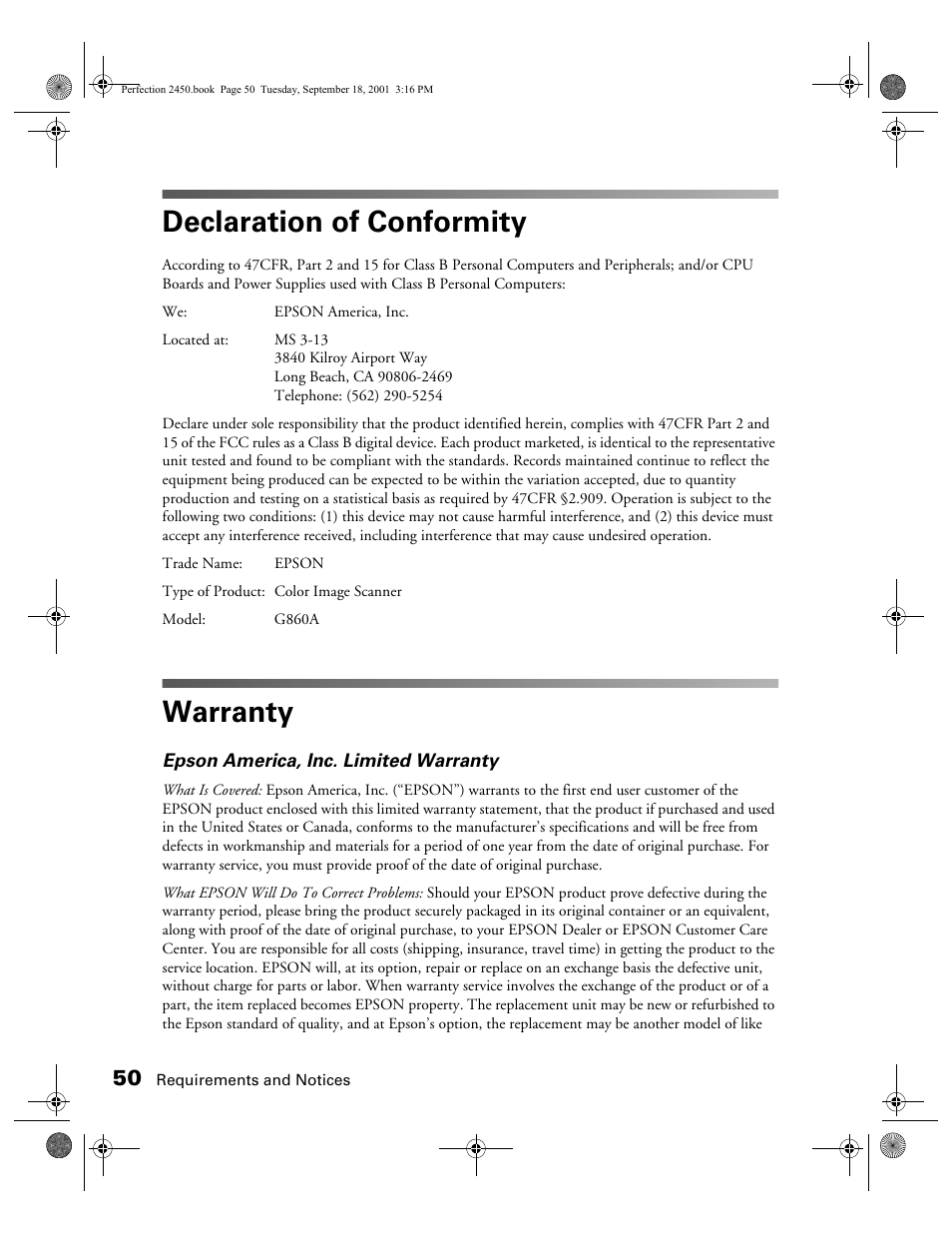 Declaration of conformity, Warranty | Epson Prefection 2450 User Manual | Page 54 / 58