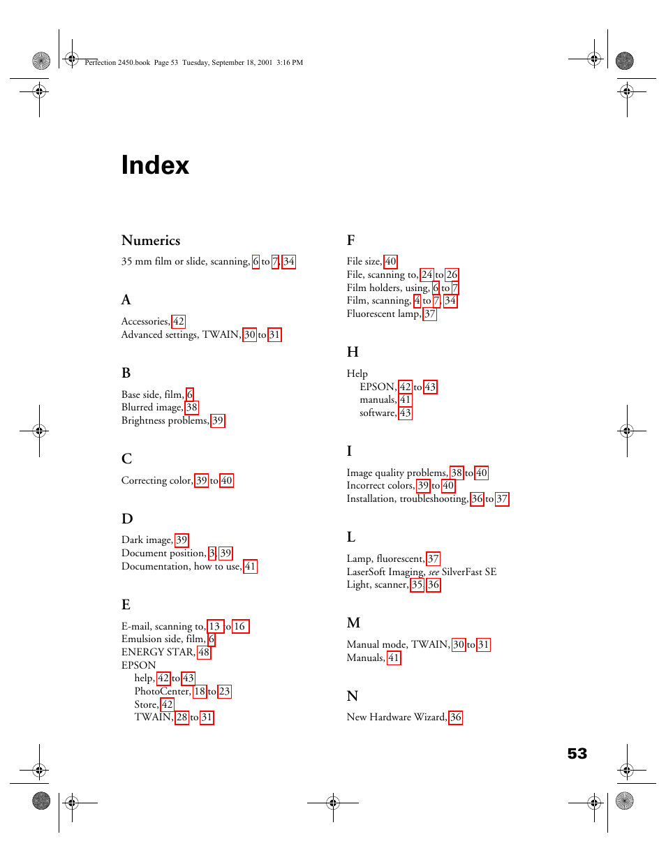 Index | Epson Prefection 2450 User Manual | Page 57 / 58