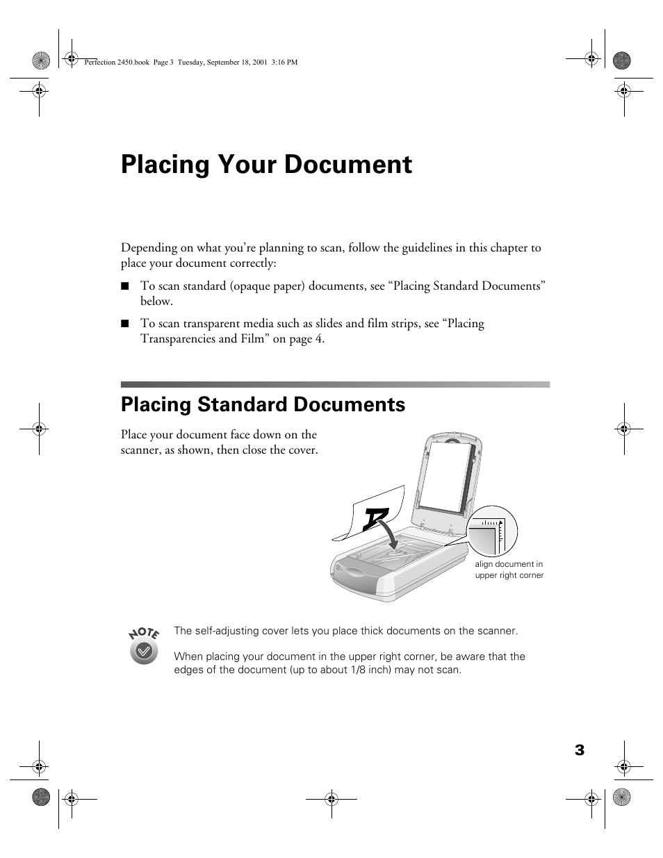 Placing your document, Placing standard documents | Epson Prefection 2450 User Manual | Page 7 / 58