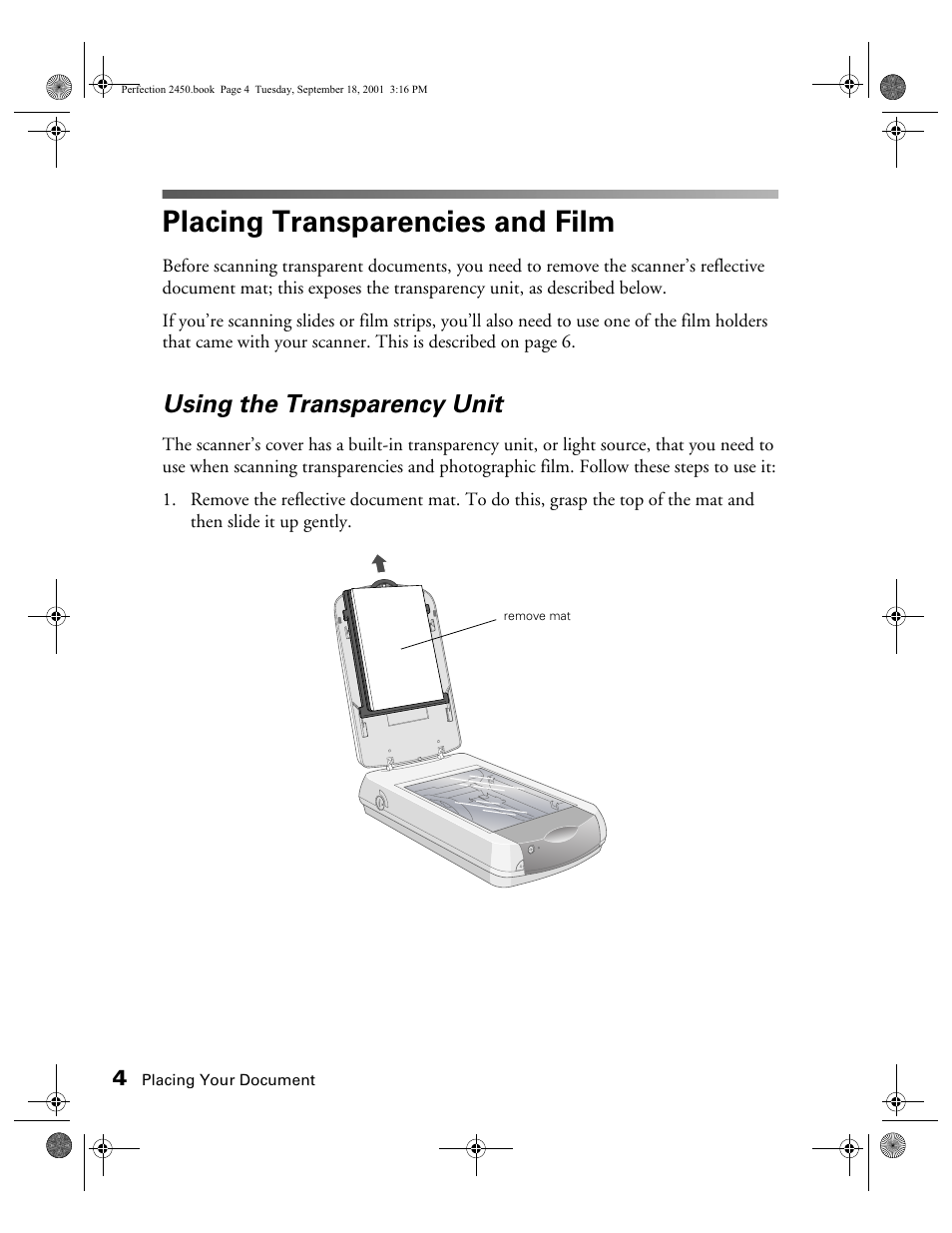 Placing transparencies and film, Using the transparency unit | Epson Prefection 2450 User Manual | Page 8 / 58