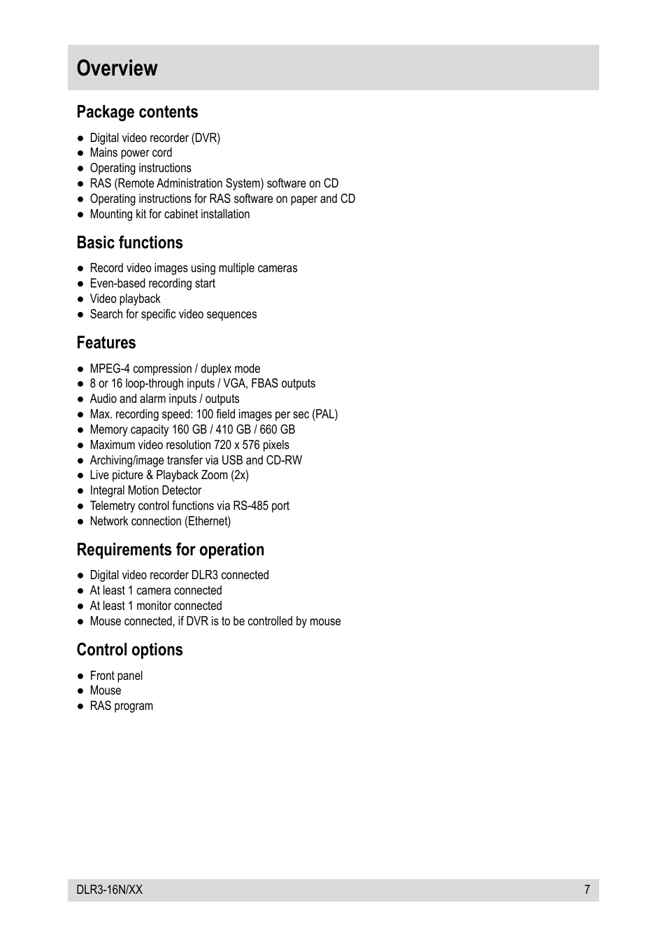 Overview, Package contents, Basic functions | Features, Requirements for operation, Control options | Epson DLR3-16N/410CDV User Manual | Page 7 / 64