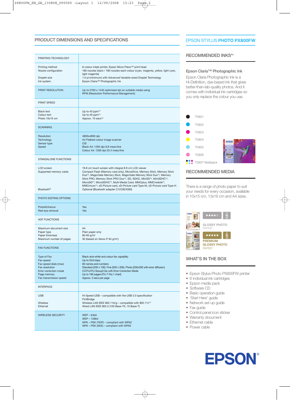 Product dimensions and specifications, Recommended media, Recommended inks | What’s in the box | Epson STYLUS PHOTO PX800FW User Manual | Page 2 / 3