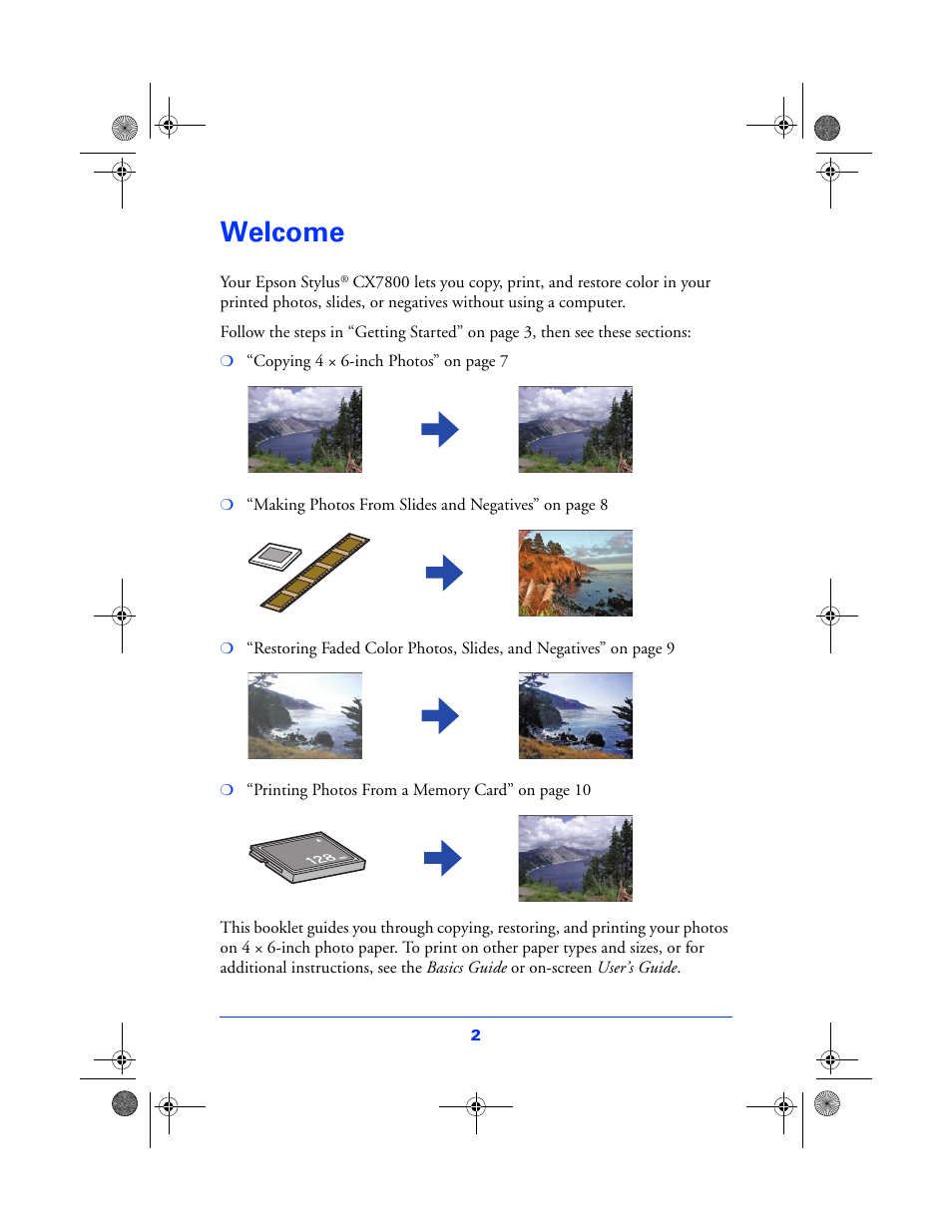 Welcome | Epson All in One Stylus CX7800 User Manual | Page 2 / 12