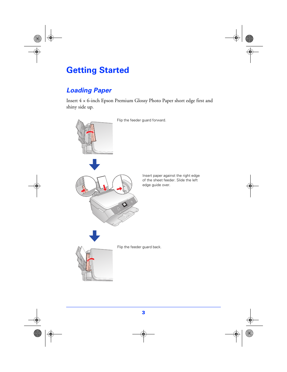 Getting started, Loading paper | Epson All in One Stylus CX7800 User Manual | Page 3 / 12