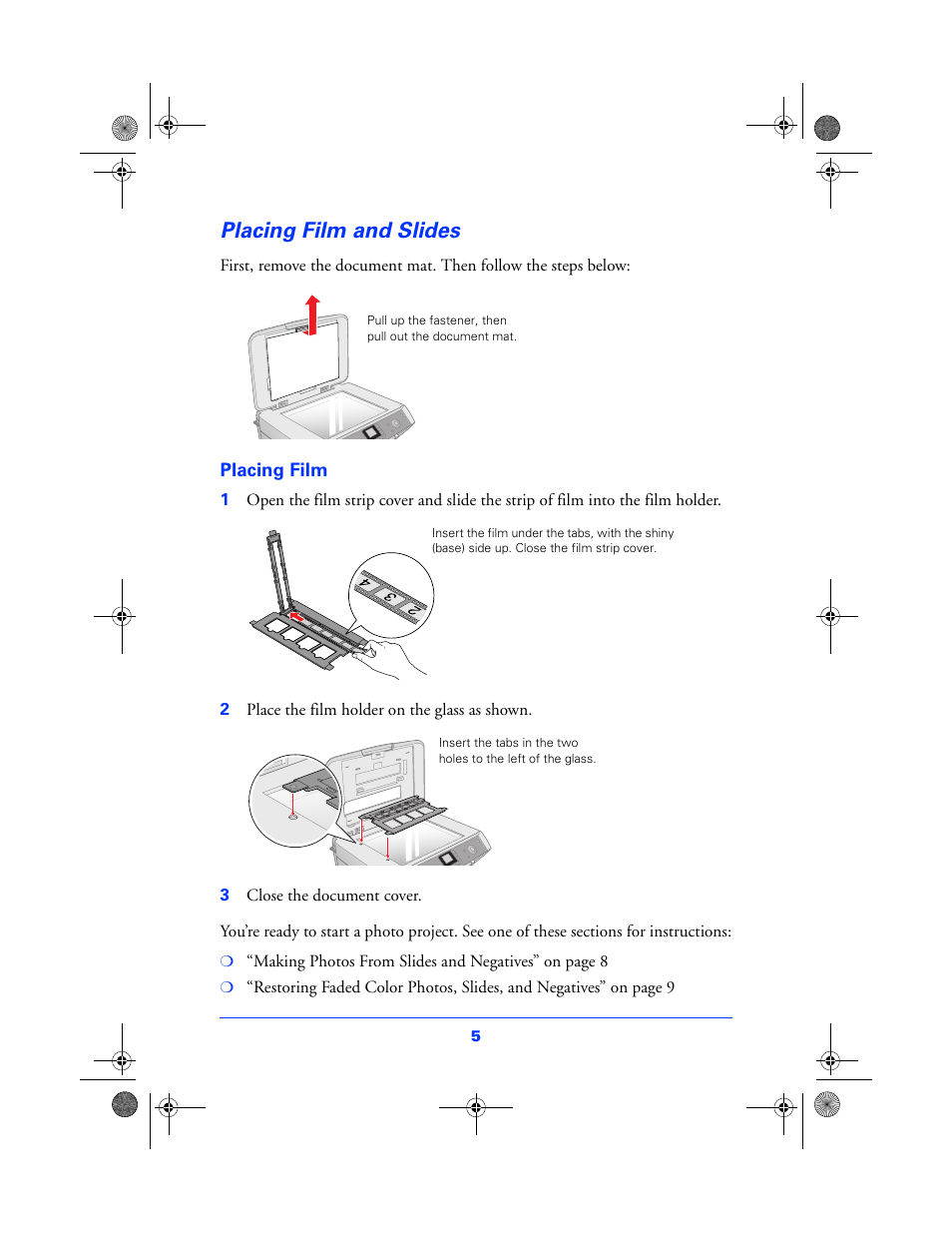 Placing film and slides, Placing film | Epson All in One Stylus CX7800 User Manual | Page 5 / 12